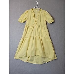 London Times Yellow SS Ruffle V Neck Tiered Hi Low Tent Dress Women's 8 Pockets
